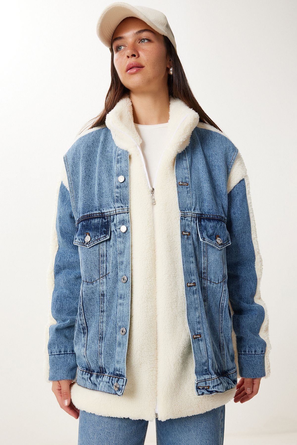 Kemik Mavi Denim Detaylı Peluş Ceket Mont DD01368