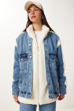 Kemik Mavi Denim Detaylı Peluş Ceket Mont DD01368