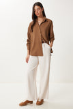 Kahverengi Oversize Keten Gömlek PB00053