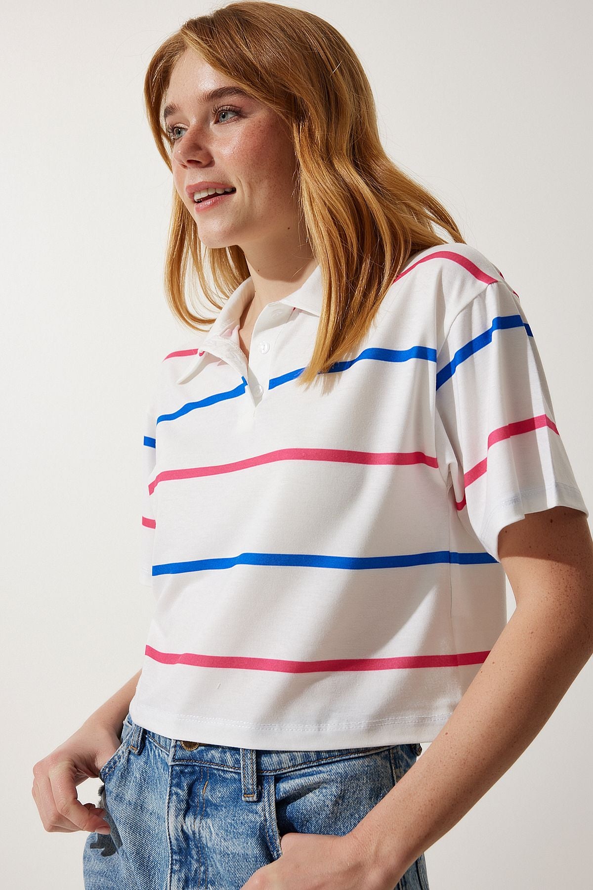 Ekru Pembe Polo Yaka Çizgili Kısa Örme T-Shirt HF00454