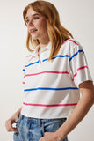 Ekru Pembe Polo Yaka Çizgili Kısa Örme T-Shirt HF00454