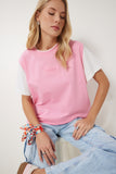 Pembe Kontrast Renkli Pamuklu Örme T-Shirt CR00459