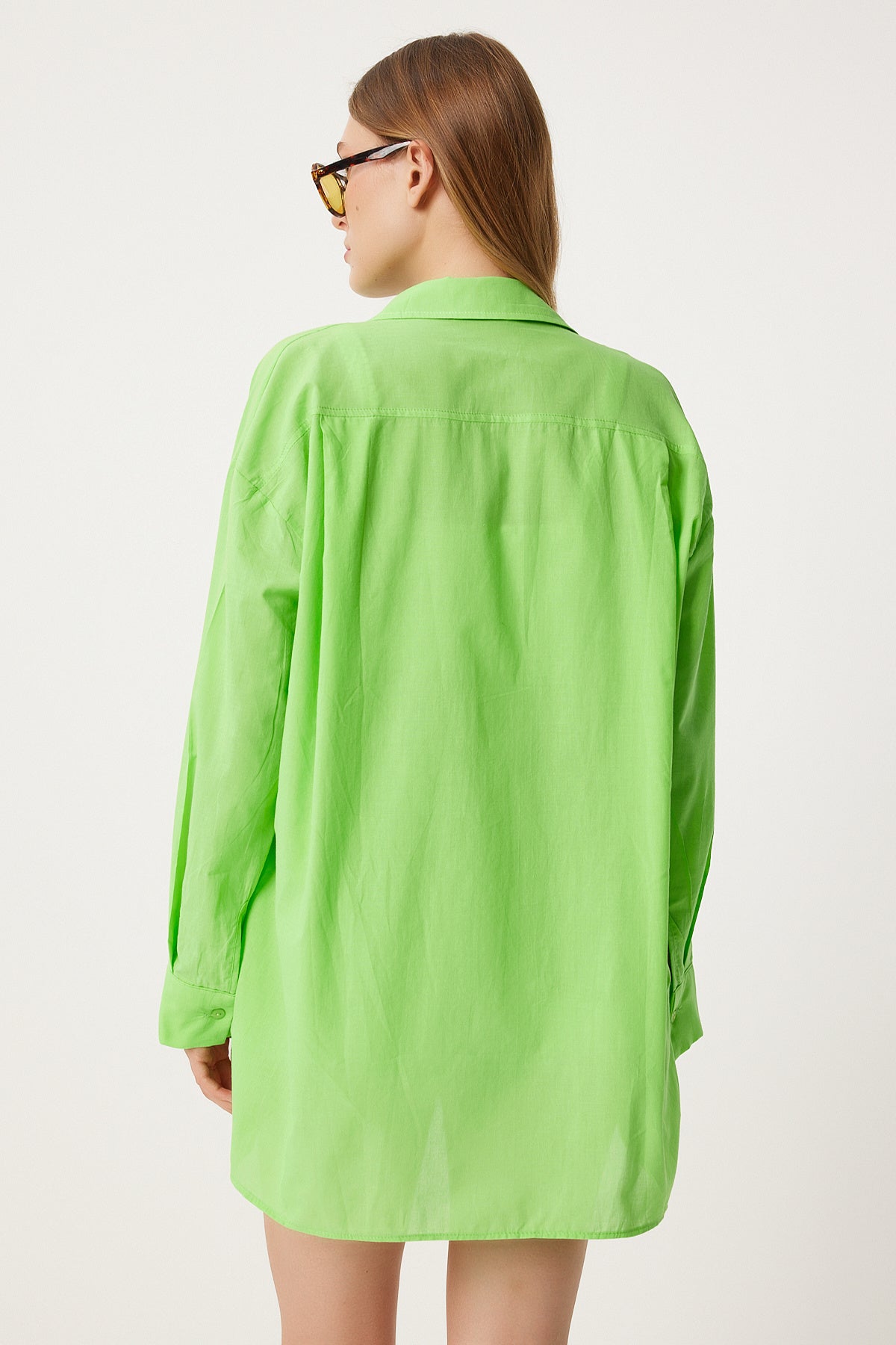 Canlı Yeşil Tek Cepli Yazlık Oversize Vual Gömlek FN03244
