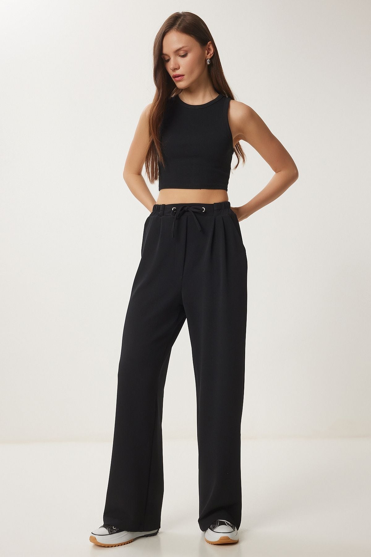 Siyah Bol Paça Rahat Örme Pantolon RV00204