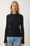 Siyah Polo Yaka Fitilli Triko Kazak US00954