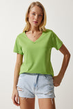 Fıstık Yeşili V Yaka Basic Örme T-Shirt  UB00261