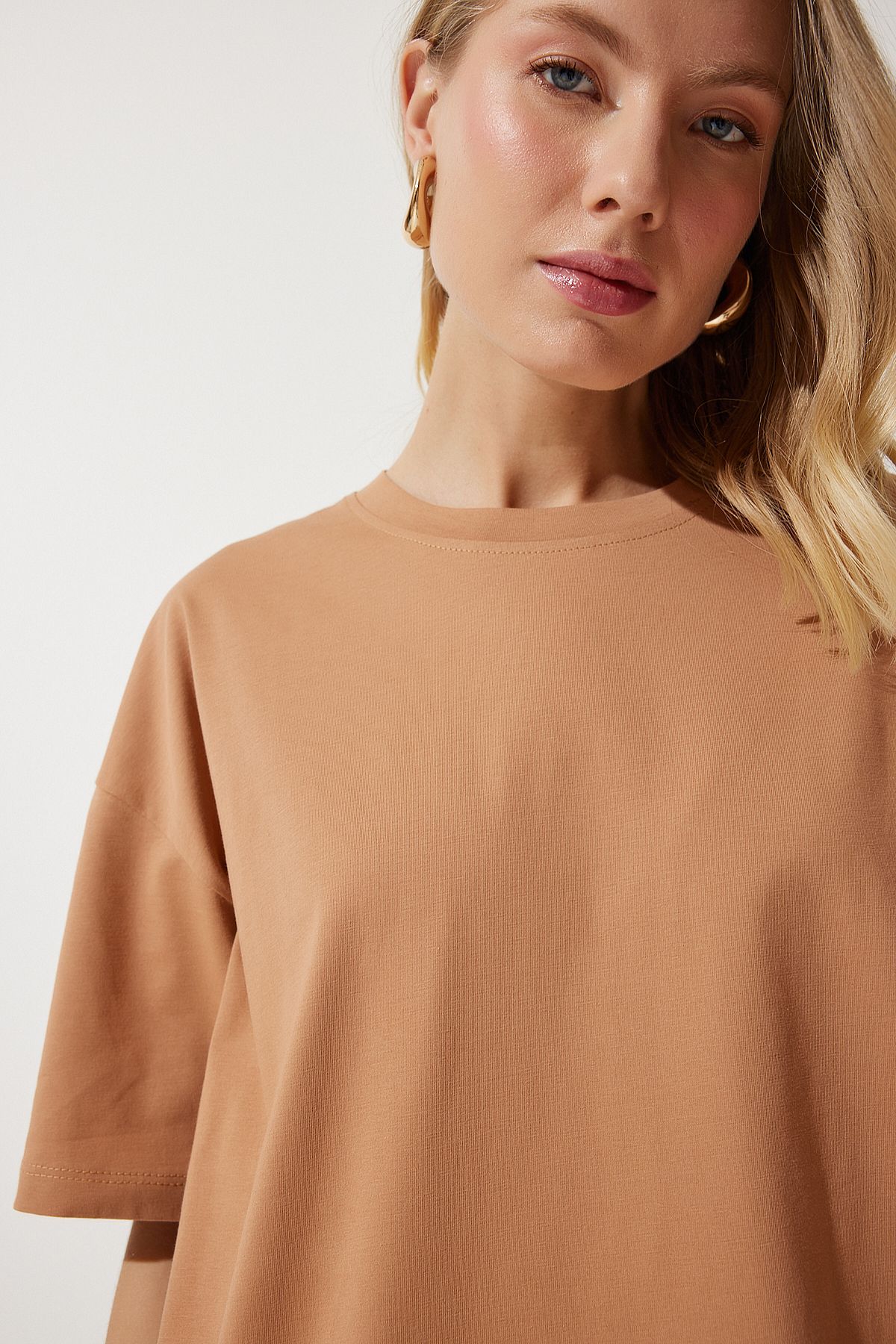 Bisküvi Bisiklet Yaka Basic Oversize Örme T-Shirt BF00091