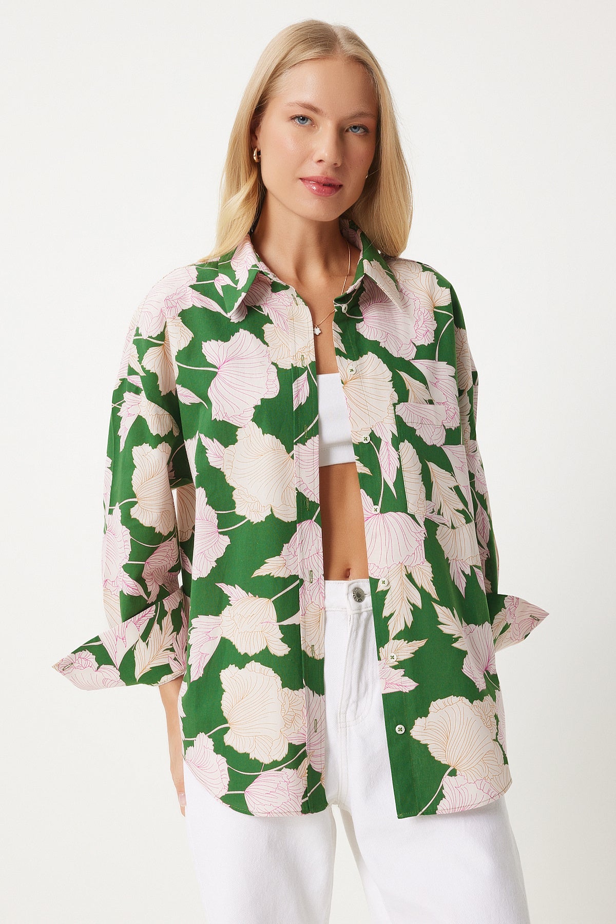 Yeşil Desenli Poplin Gömlek HM00064