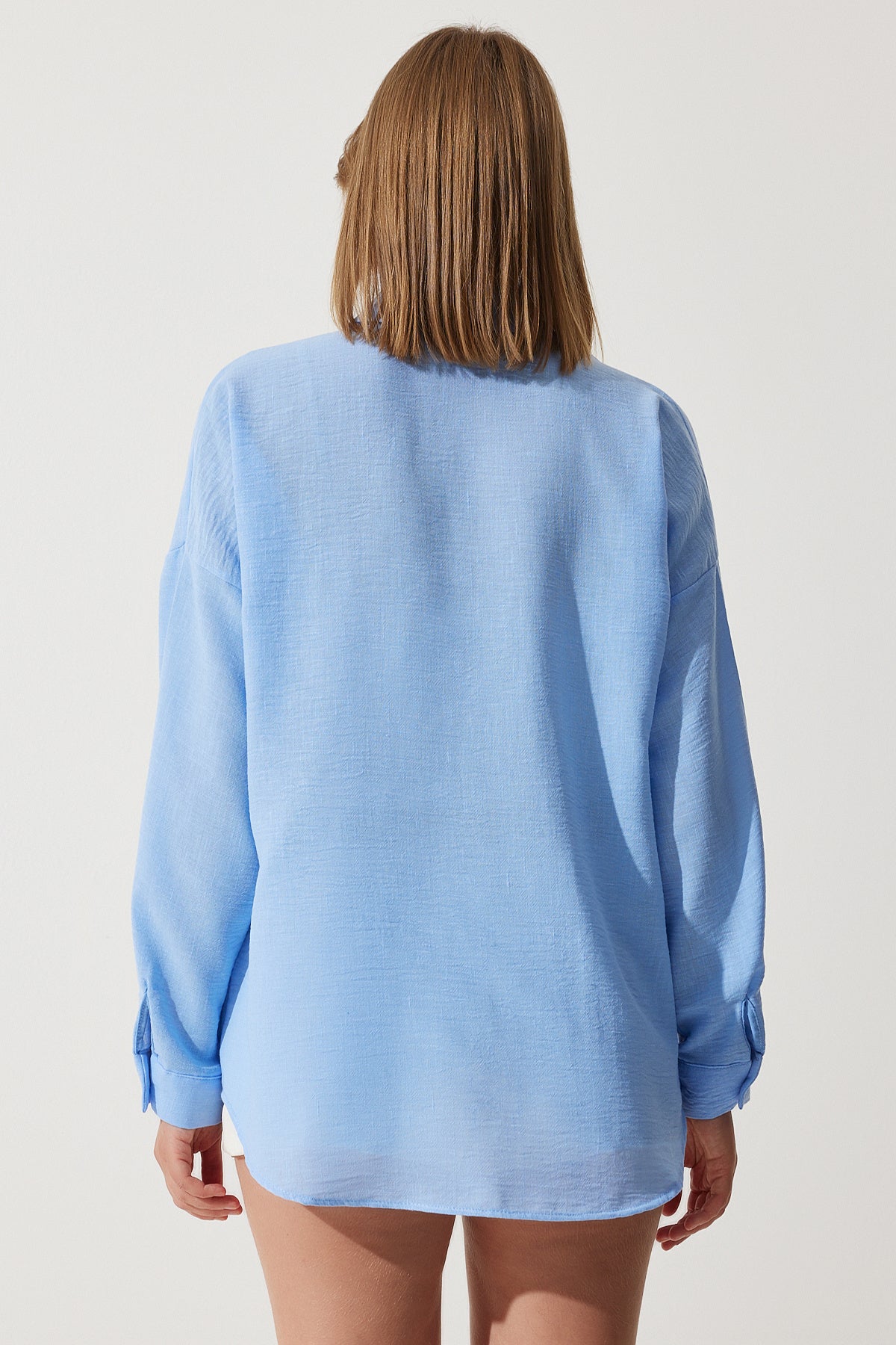 Gök Mavi Oversize Keten Ayrobin Gömlek DD01222
