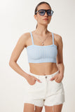 Gök Mavi Askılı Esnek Yazlık Triko Crop Bluz NS00436