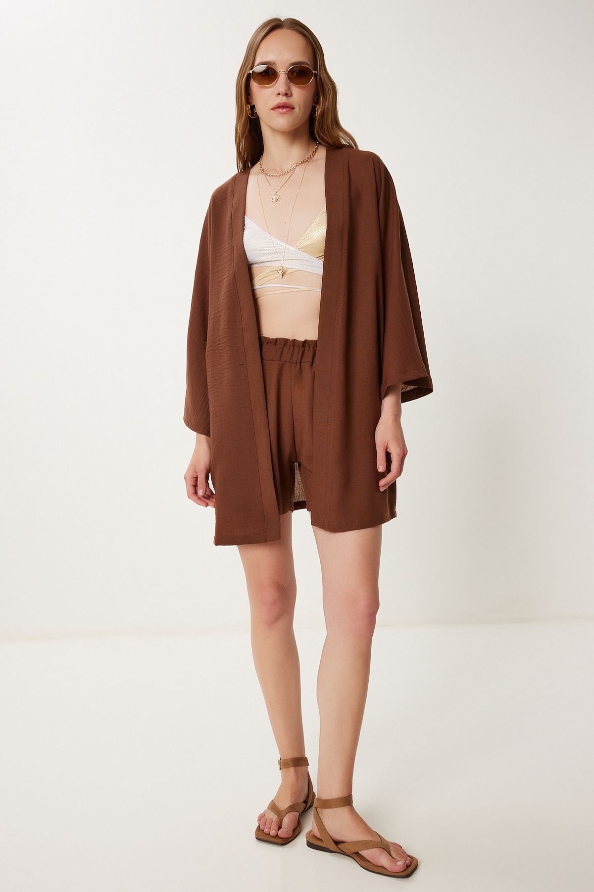 Kahverengi Keten Kimono Şort Takım WF00105