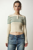Krem Yeşil Düğmeli Yaka Fitilli Crop Triko Bluz NF00077