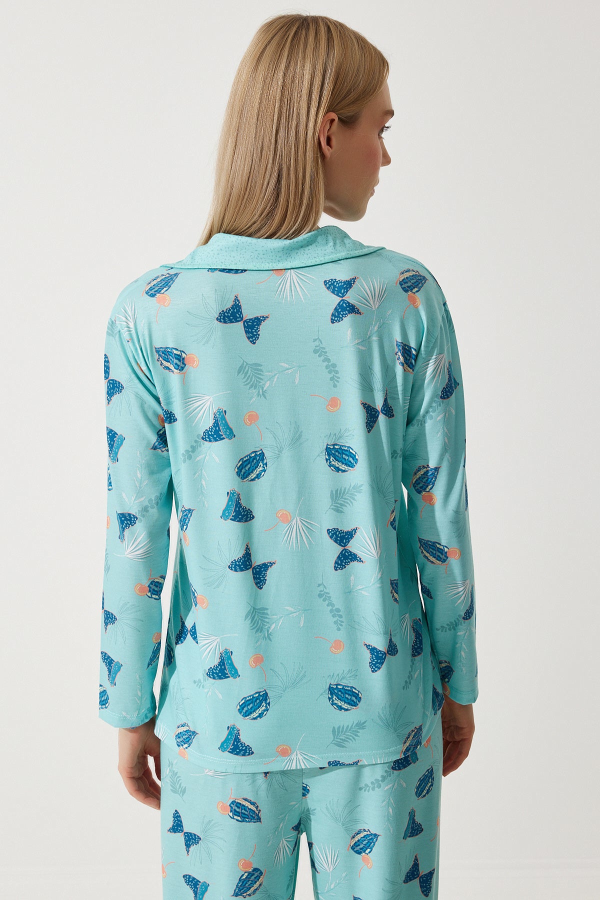 Su Yeşili Desenli Gömlek-Pantolon Örme Pijama Takımı TK00092