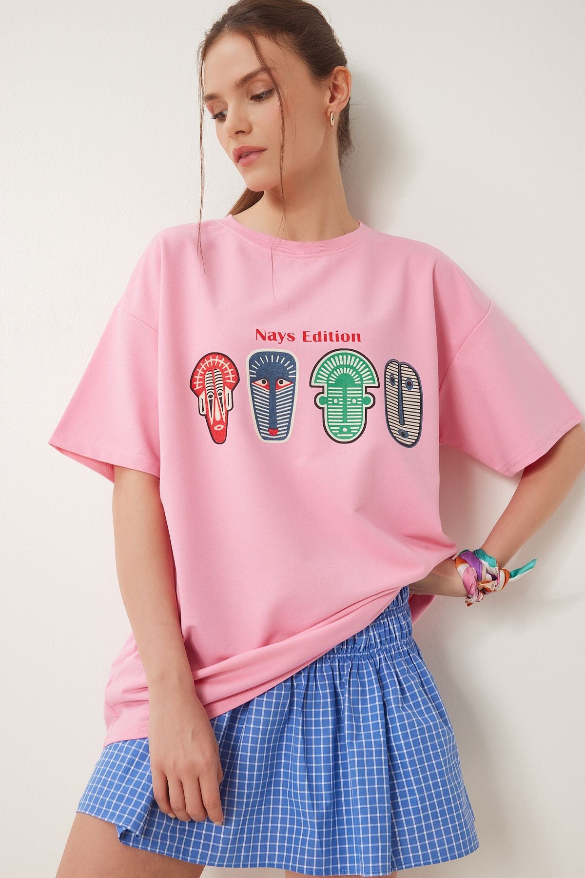 Pembe Oversize Baskılı Örme T-Shirt ZV00279