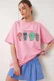 Pembe Oversize Baskılı Örme T-Shirt ZV00279