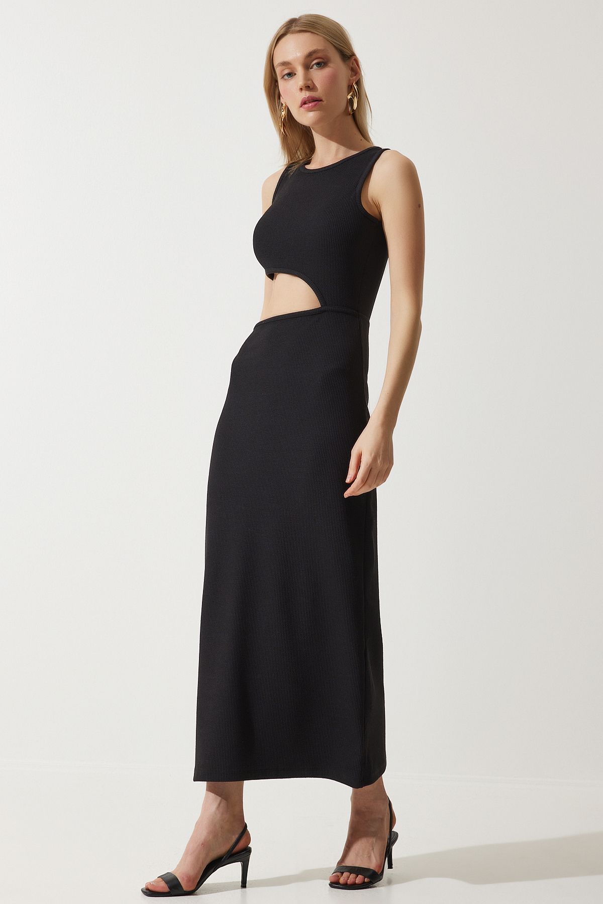 Siyah Cut Out Detaylı Fitilli Örme Elbise MC00269