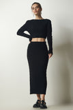 Siyah Fitilli Crop Triko Kazak Etek Takım YY00190