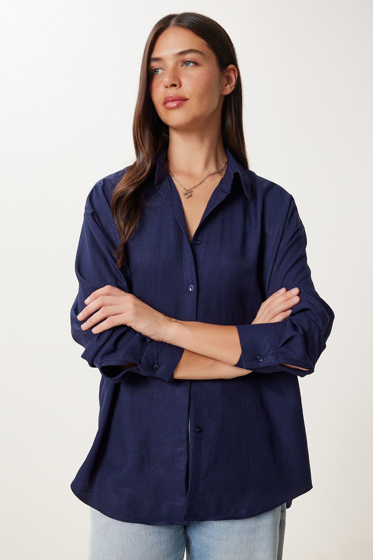 Lacivert Oversize Keten Gömlek PB00052