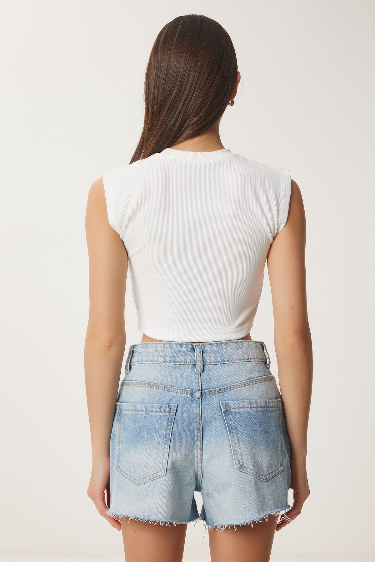 Ekru Taşlı Fitilli Crop Bluz KH00099