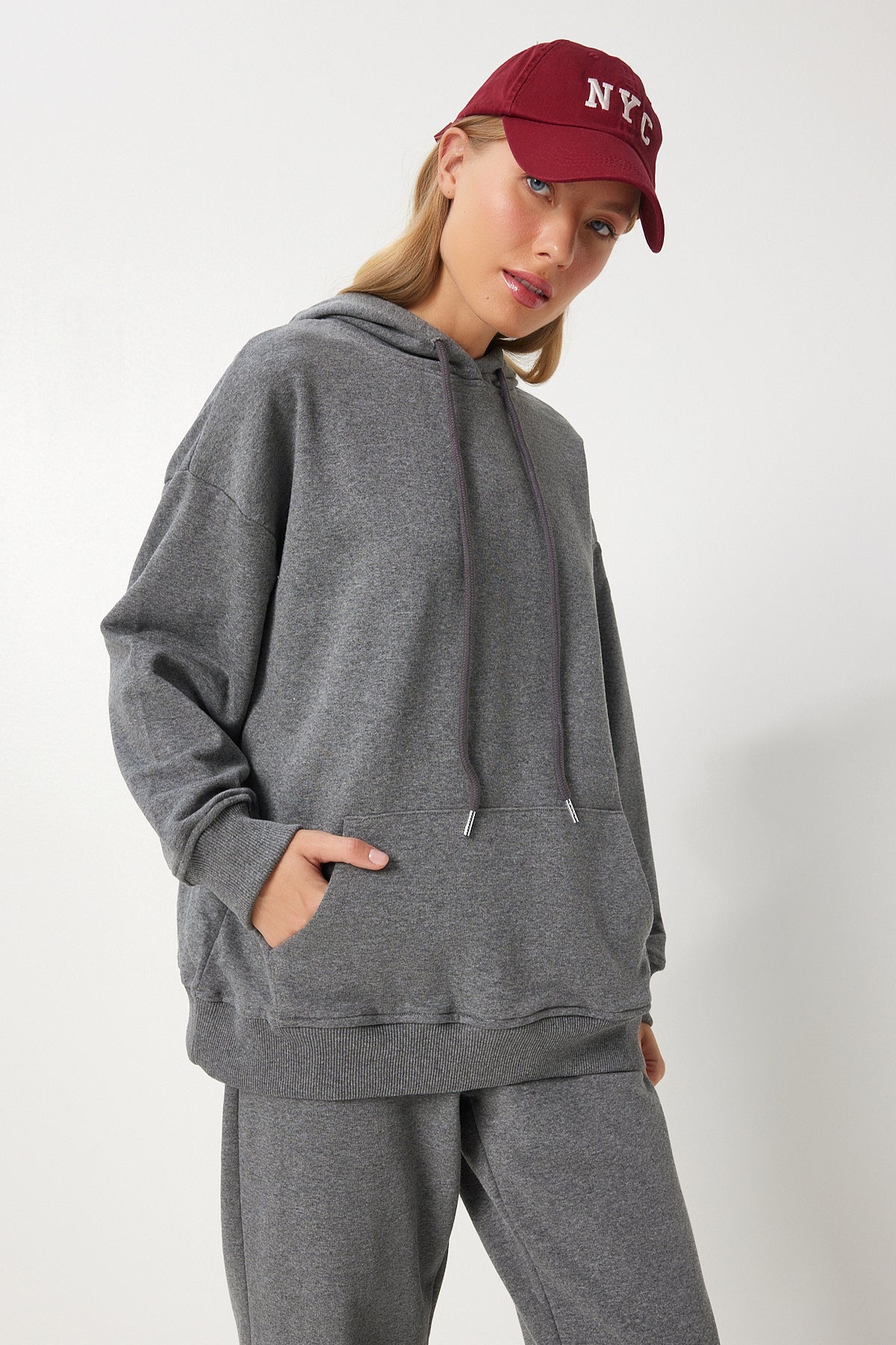 Antrasit Kapüşonlu Sweatshirt Jogger Oversize Örme Eşofman Takımı PYS0027