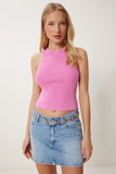 Pembe Halter Yaka Yıkamalı Fitilli Örme Bluz NS00437