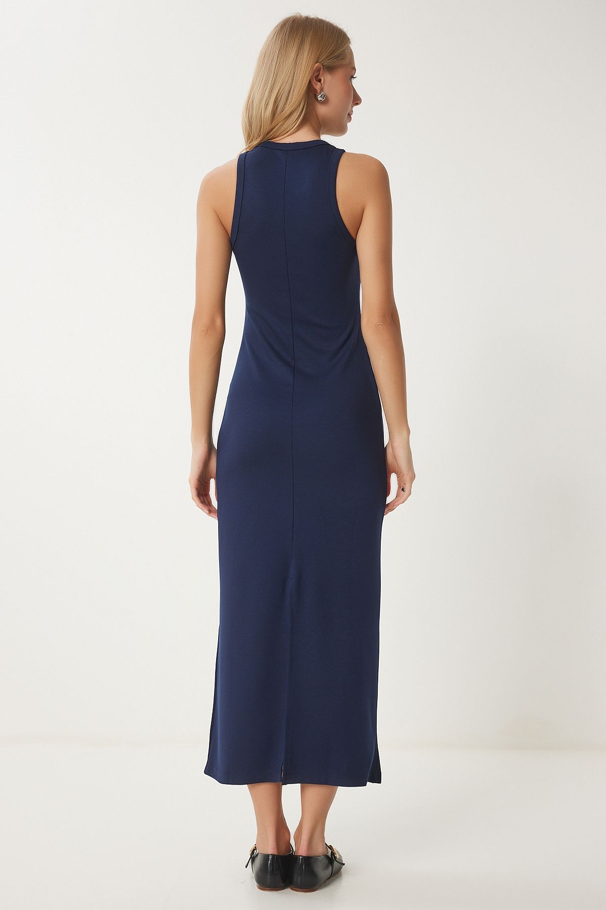 Lacivert Halter Yaka Basic Yazlık Örme Elbise EJ00001