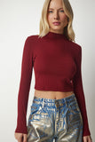 Bordo Dik Yaka Fitilli Kaşkorse Crop Bluz ub00165