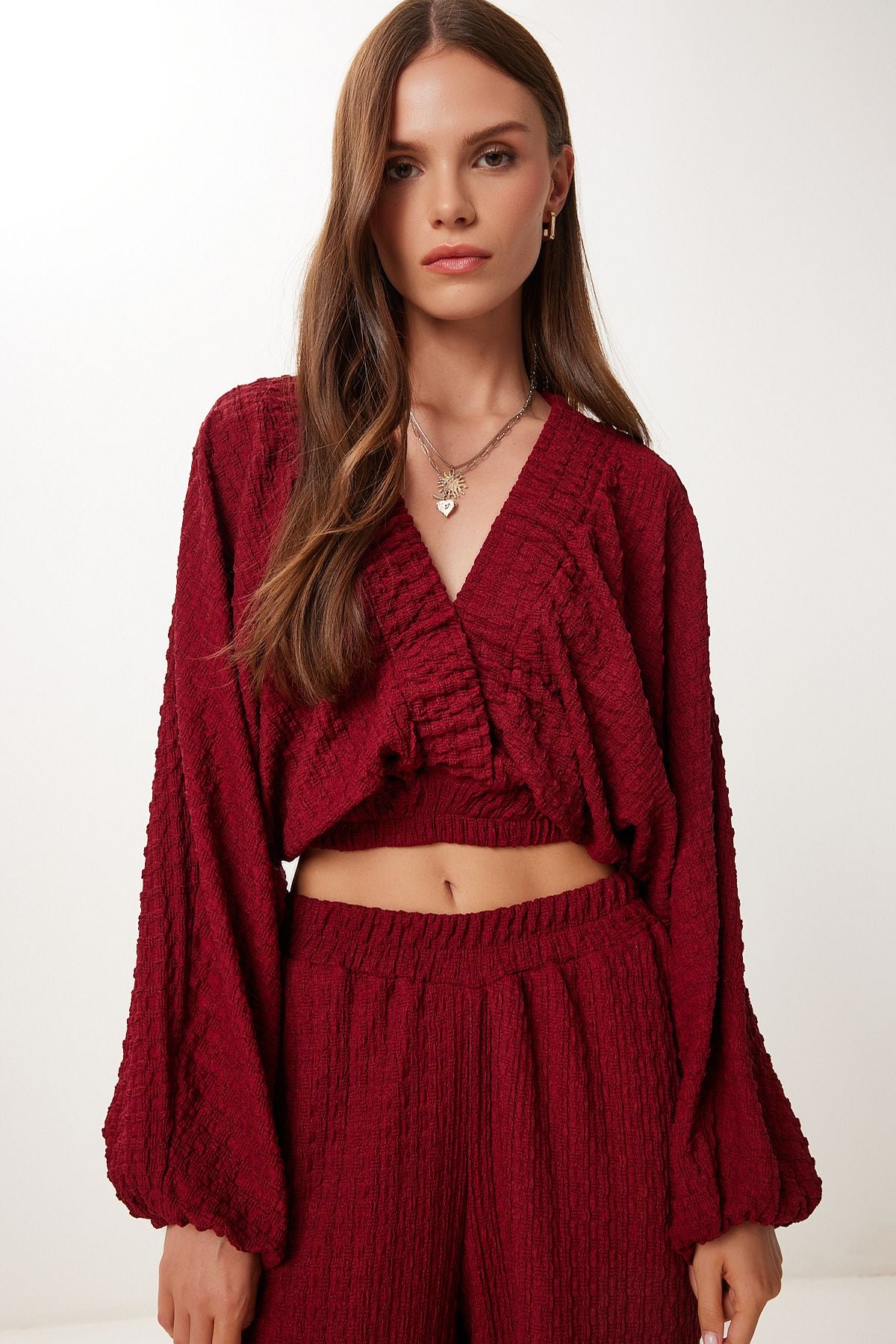 Bordo Dokulu Bluz Pantolon Takım RV00214