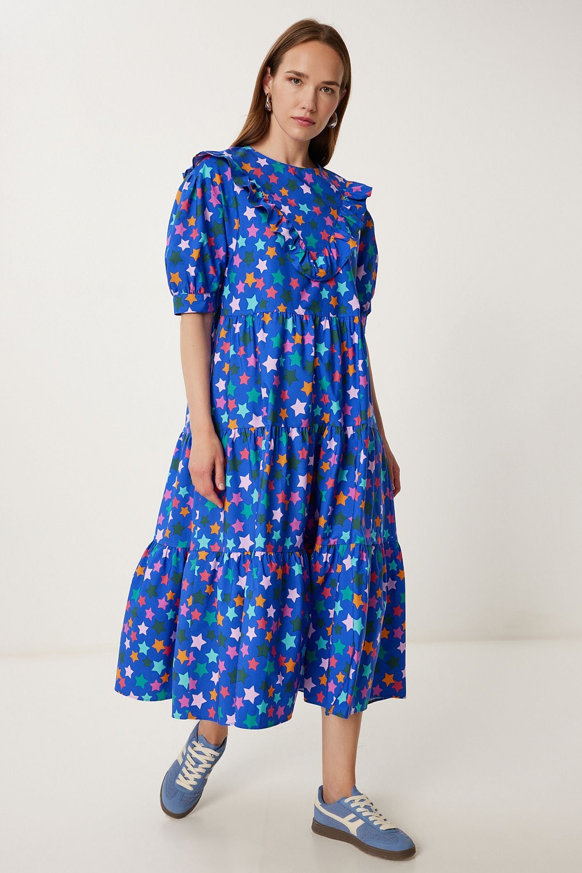 Koyu Mavi Desenli Yazlık Midi Poplin Elbise FK00032