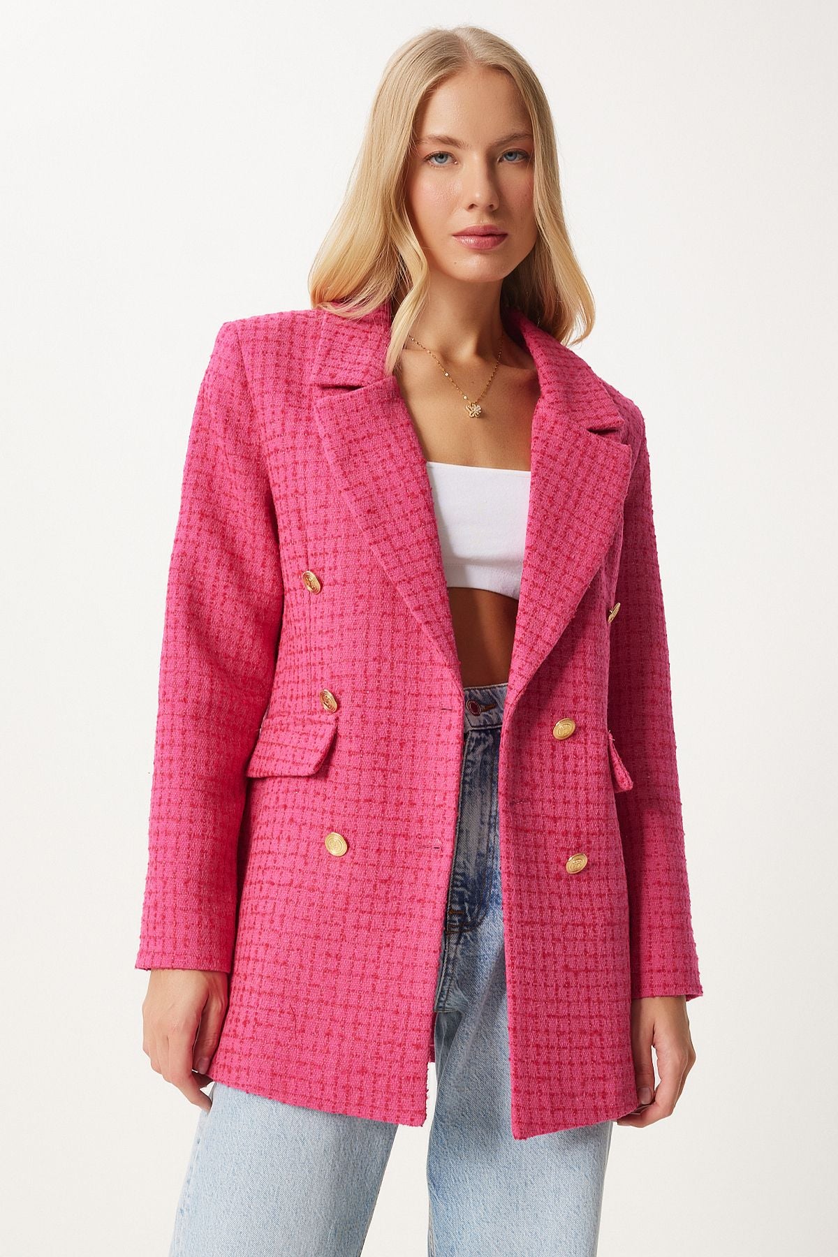 Koyu Pembe Düğmeli Blazer Tüvit Ceket  WF00004