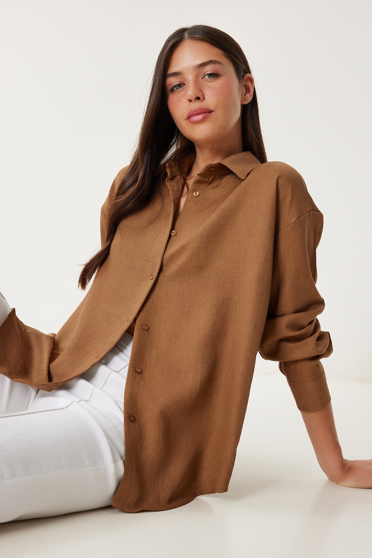 Kahverengi Oversize Keten Gömlek PB00052