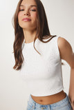 Ekru Taşlı Fitilli Crop Bluz KH00099