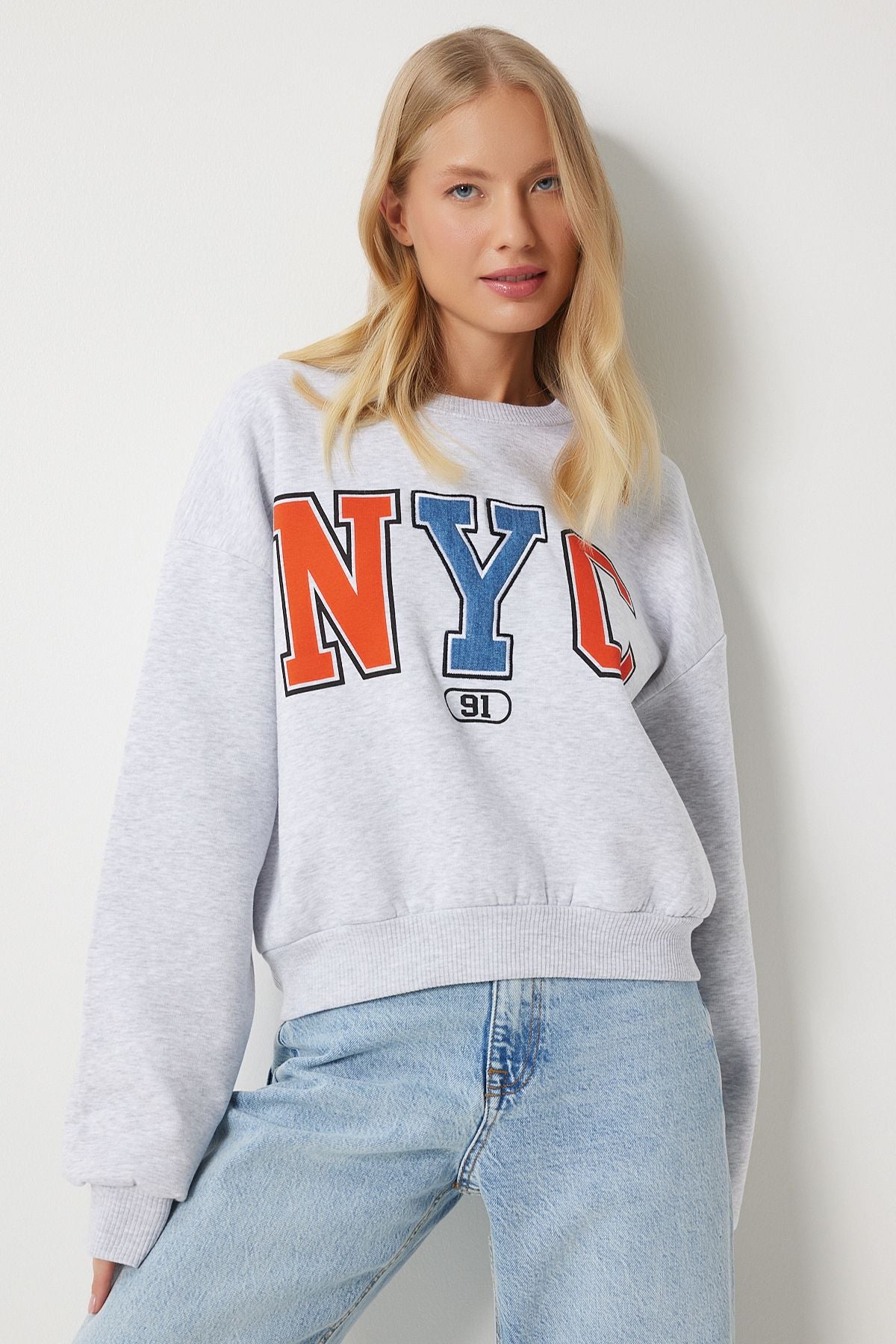 Gri Sloganlı Armalı Şardonlu Örme Sweatshirt MP00028