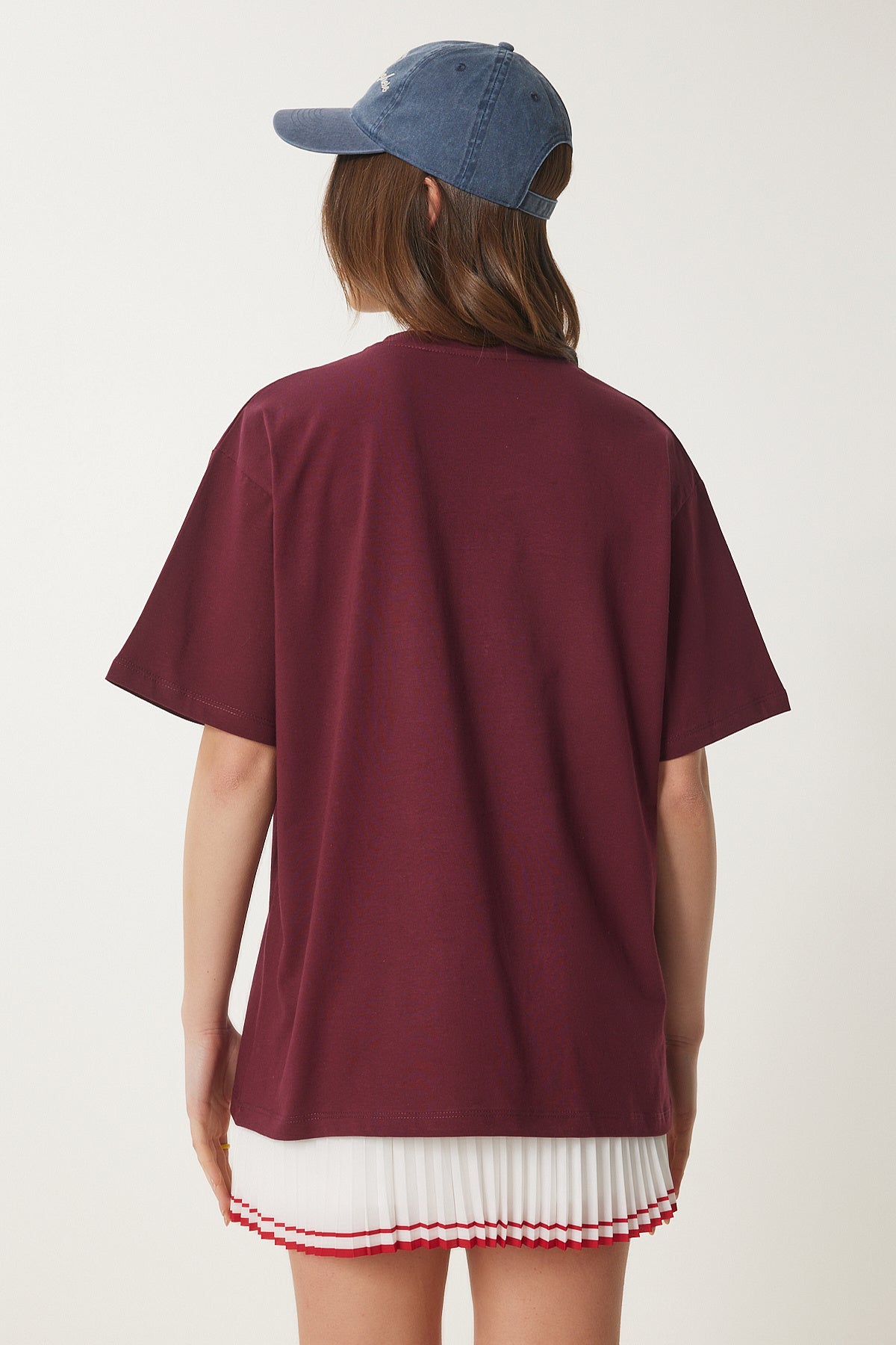 Bordo Ayıcık Armalı Pamuklu Oversize Örme T-Shirt CR00452