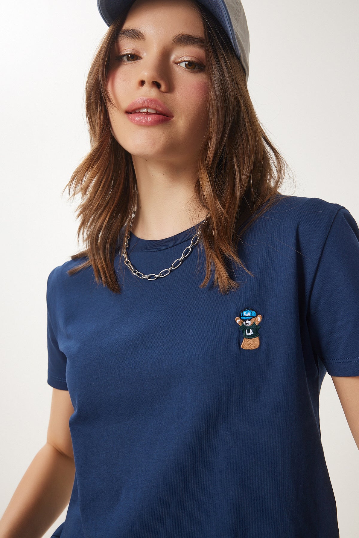 Lacivert Ayıcık İşlemeli Pamuklu Örme T-Shirt CR00455