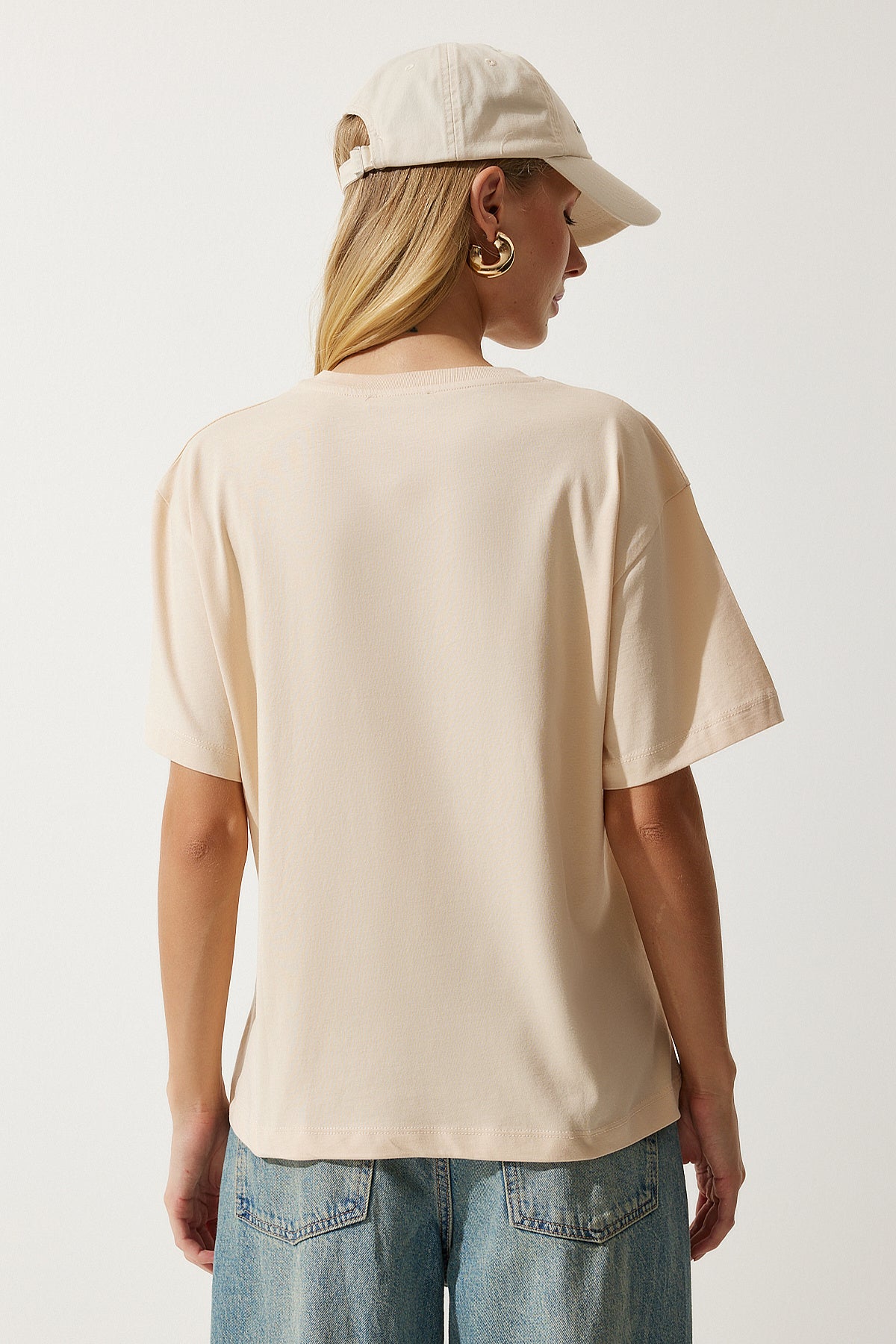 Krem Bisiklet Yaka Baskılı Örme T-Shirt NJ00137