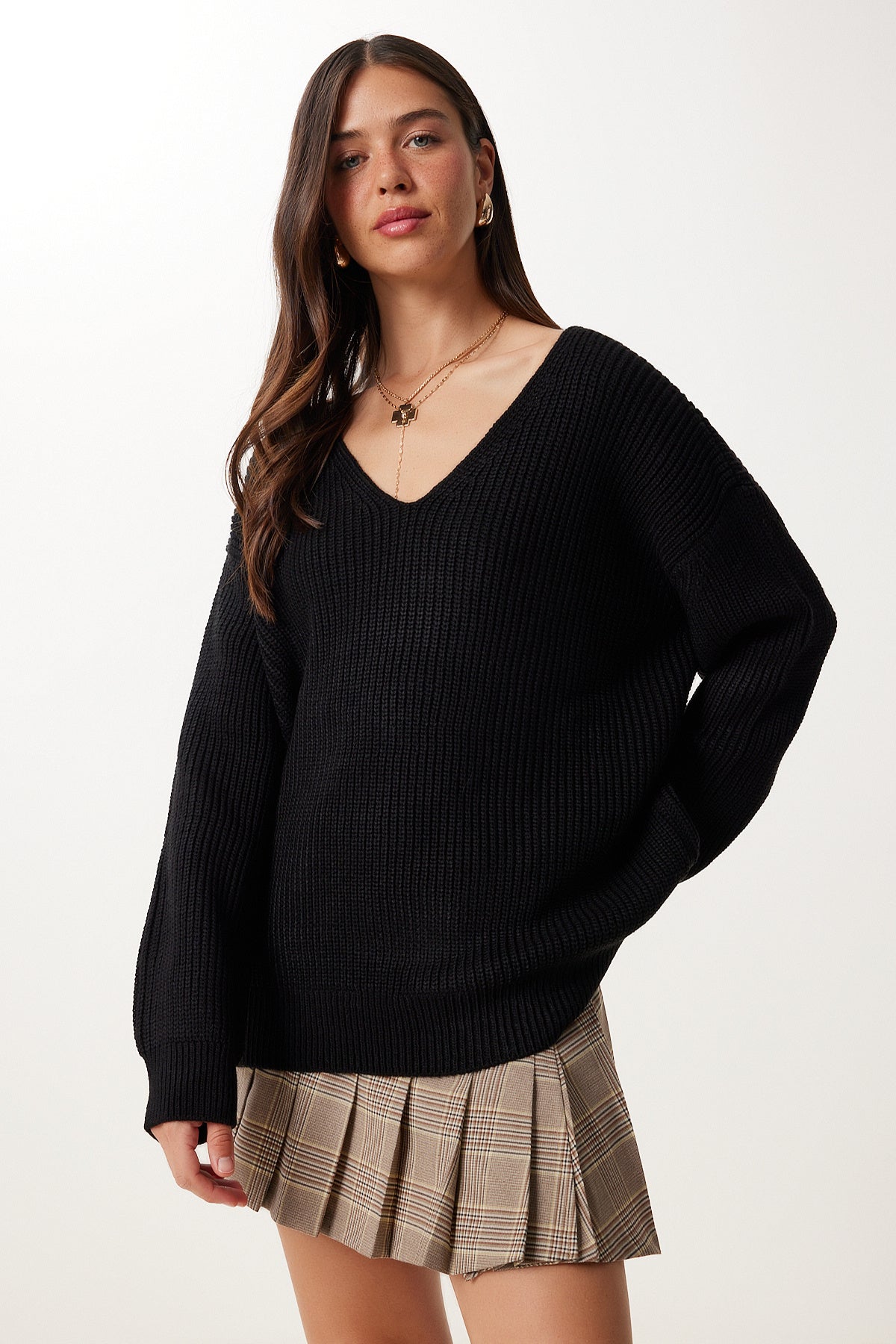 Siyah V Yaka Oversize Basic Triko Kazak MX00130