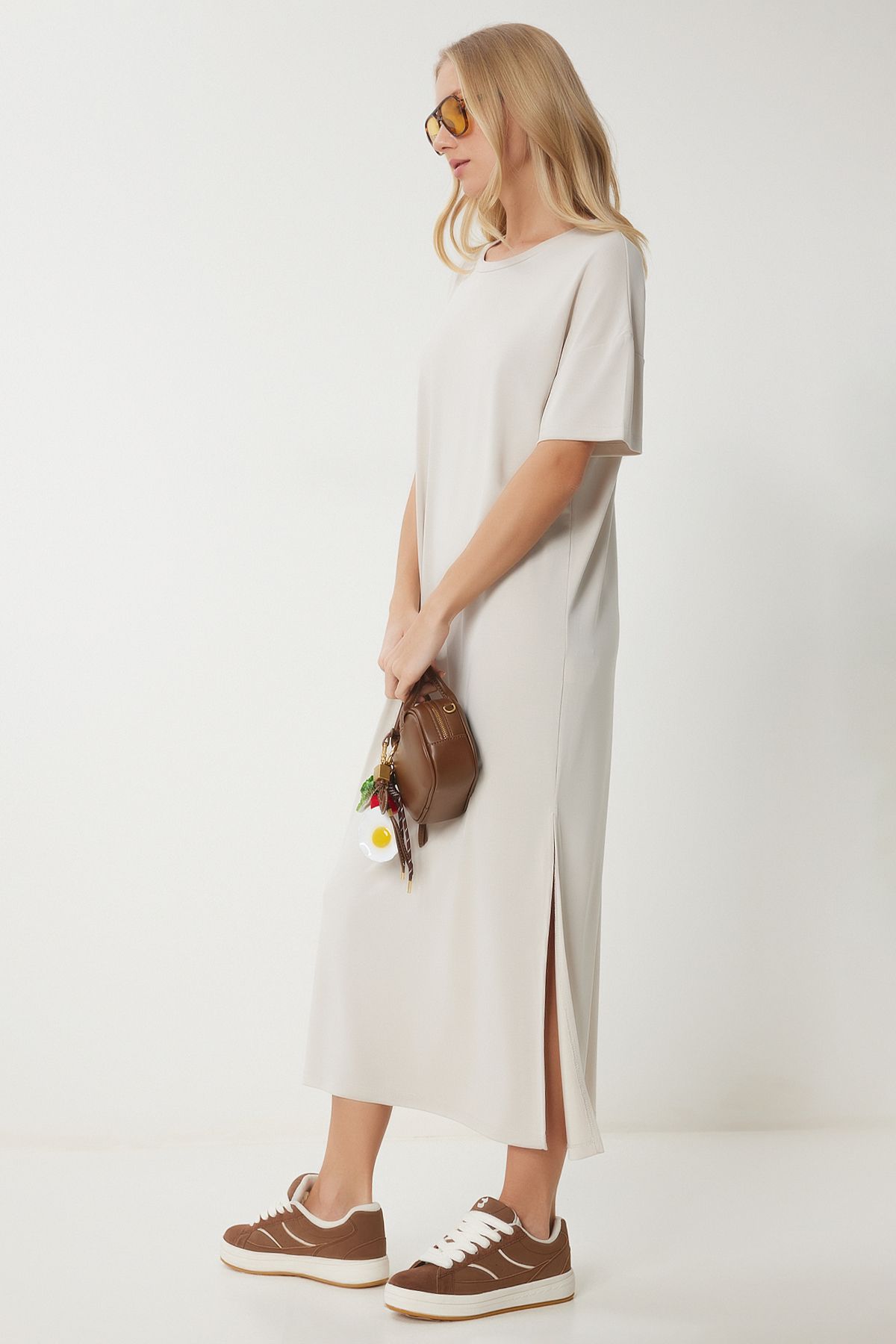 Krem Oversize Basic Yazlık Örme Elbise UB00299