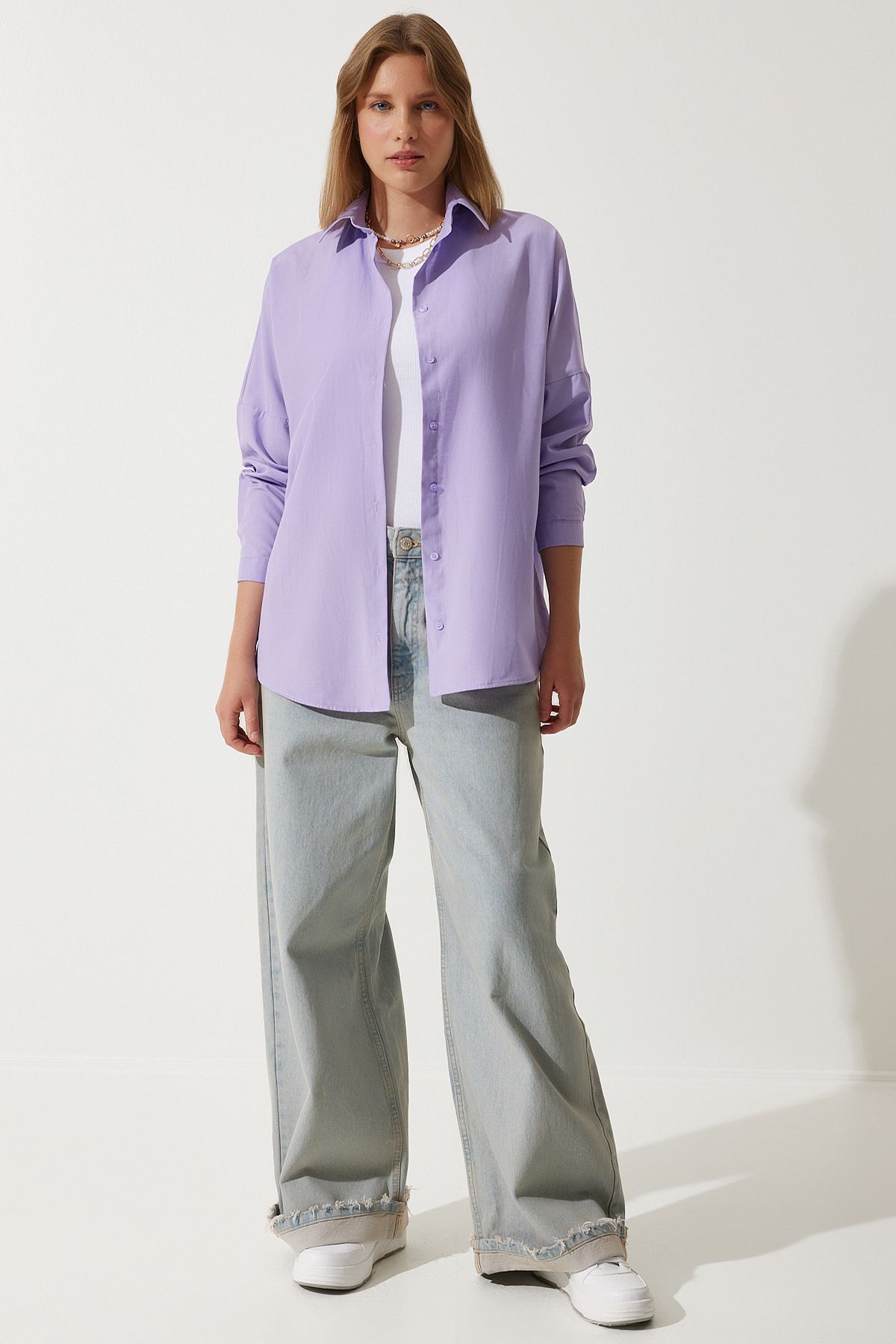 Lila Oversize Uzun Basic Gömlek DD00842