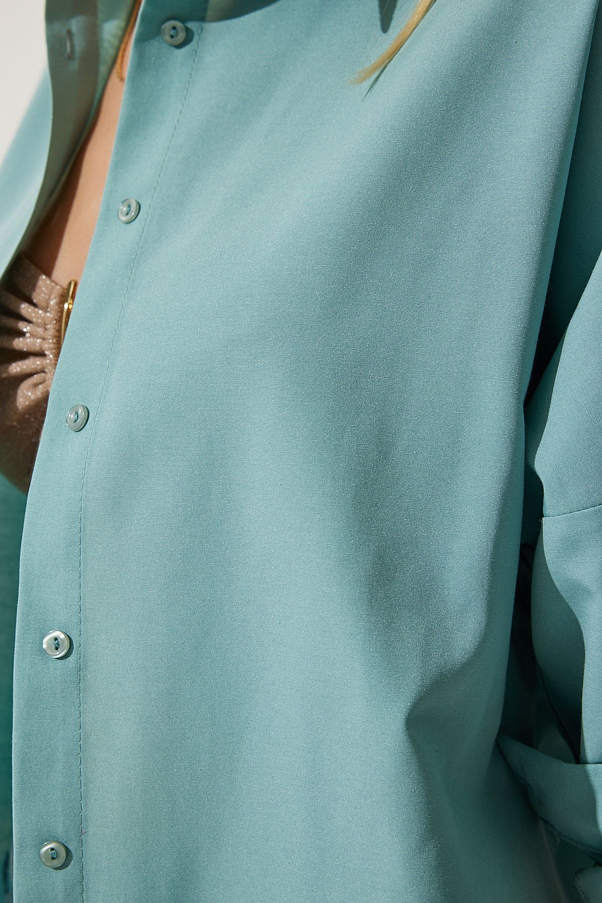 Su Yeşili Oversize Uzun Basic Gömlek  DD00842