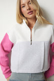 Gri Pembe Fermuarlı Yaka Şardonlu Örme Crop Sweatshirt NJ00130