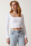 Beyaz Kare Yaka Fitilli Crop Örme Bluz  AN00176