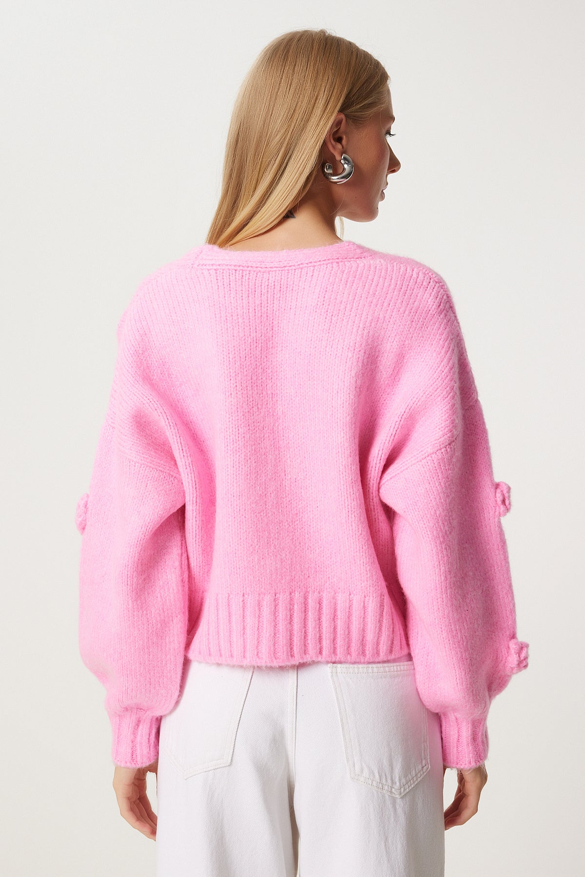 Pembe Ponpon Çiçek Detaylı Triko Hırka PF00078