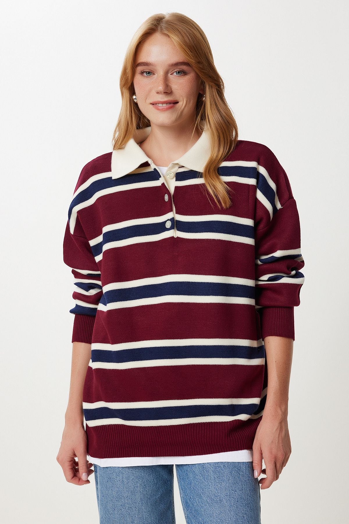 Bordo Lacivert Polo Yaka Çizgili Triko Kazak PF00117