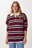 Bordo Lacivert Polo Yaka Çizgili Triko Kazak PF00117