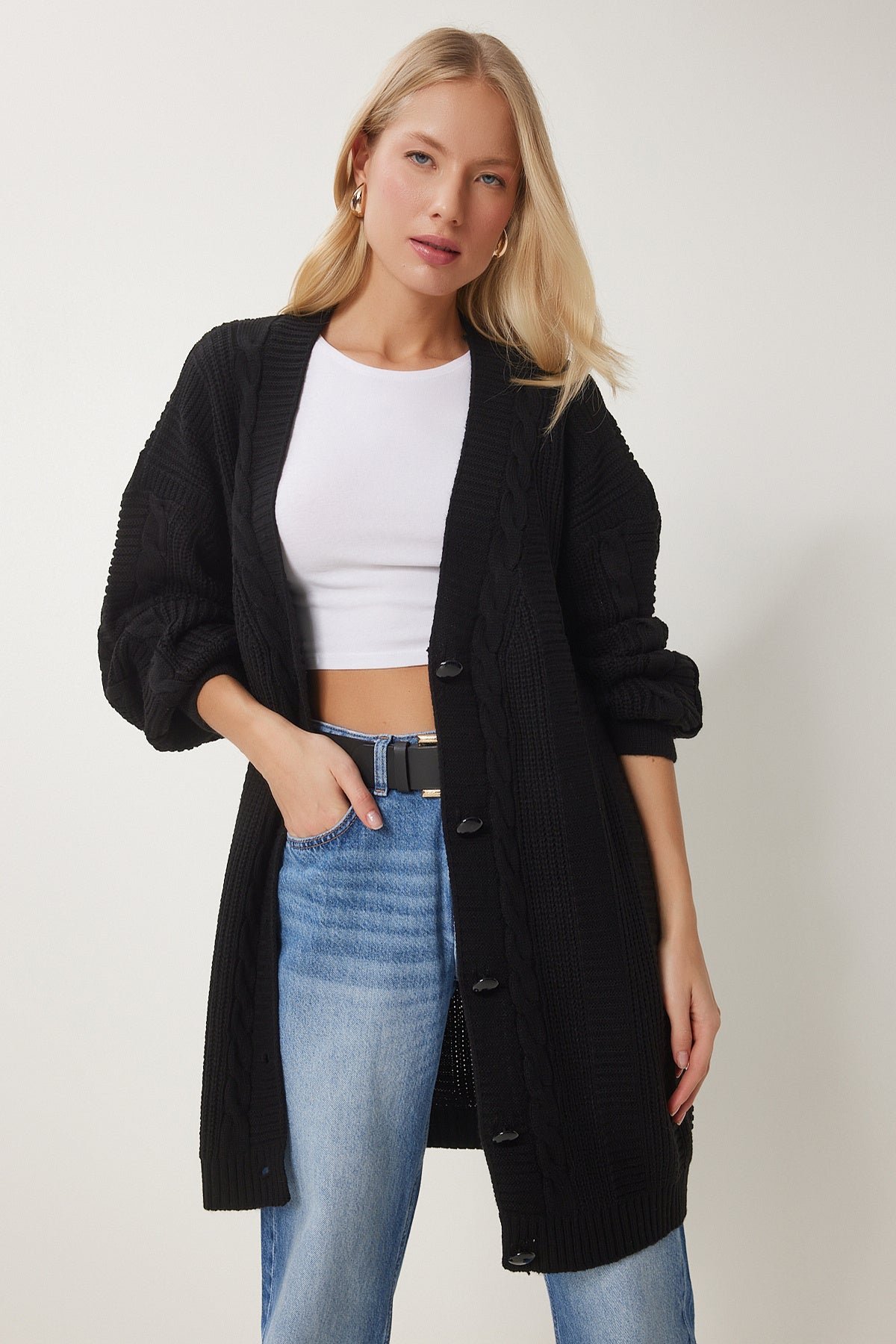 Siyah Balon Kollu Oversize Triko Hırka DD01033