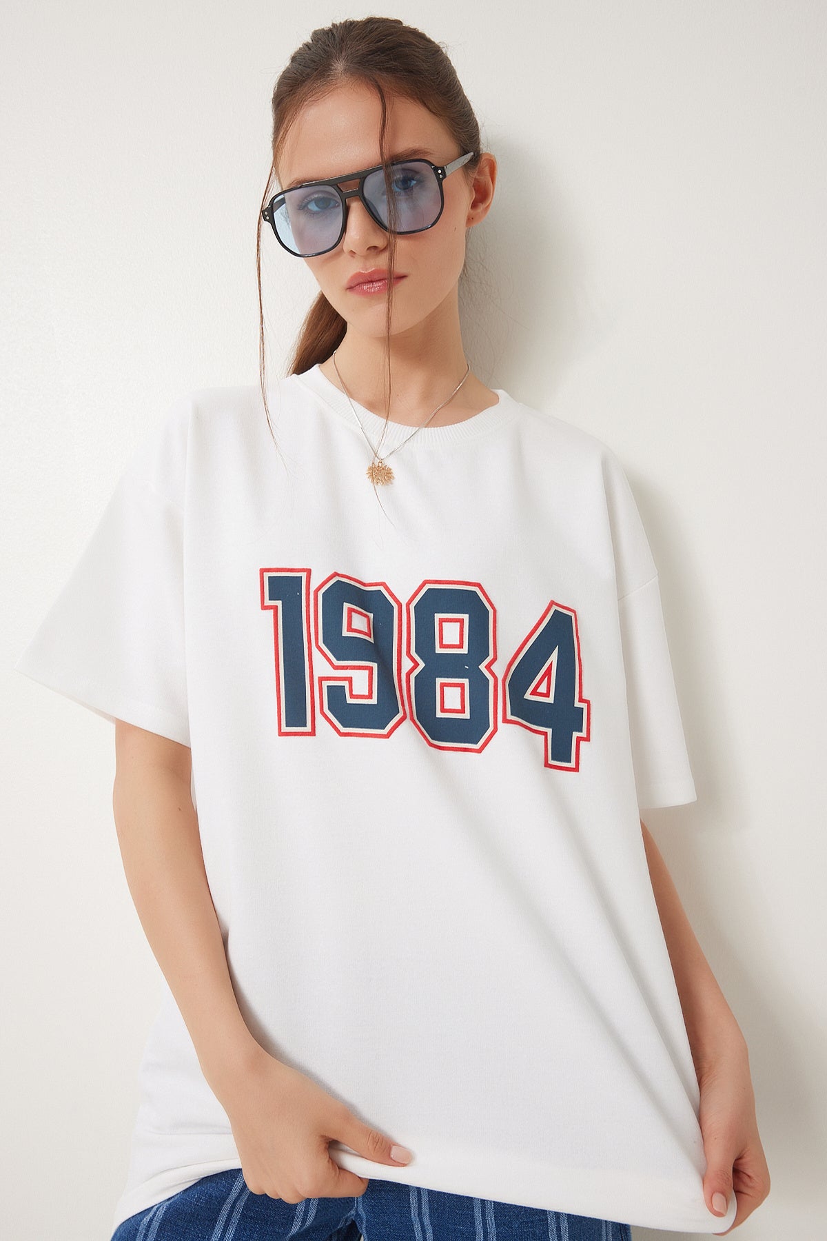 Ekru Oversize Baskılı Örme T-Shirt ZV00280