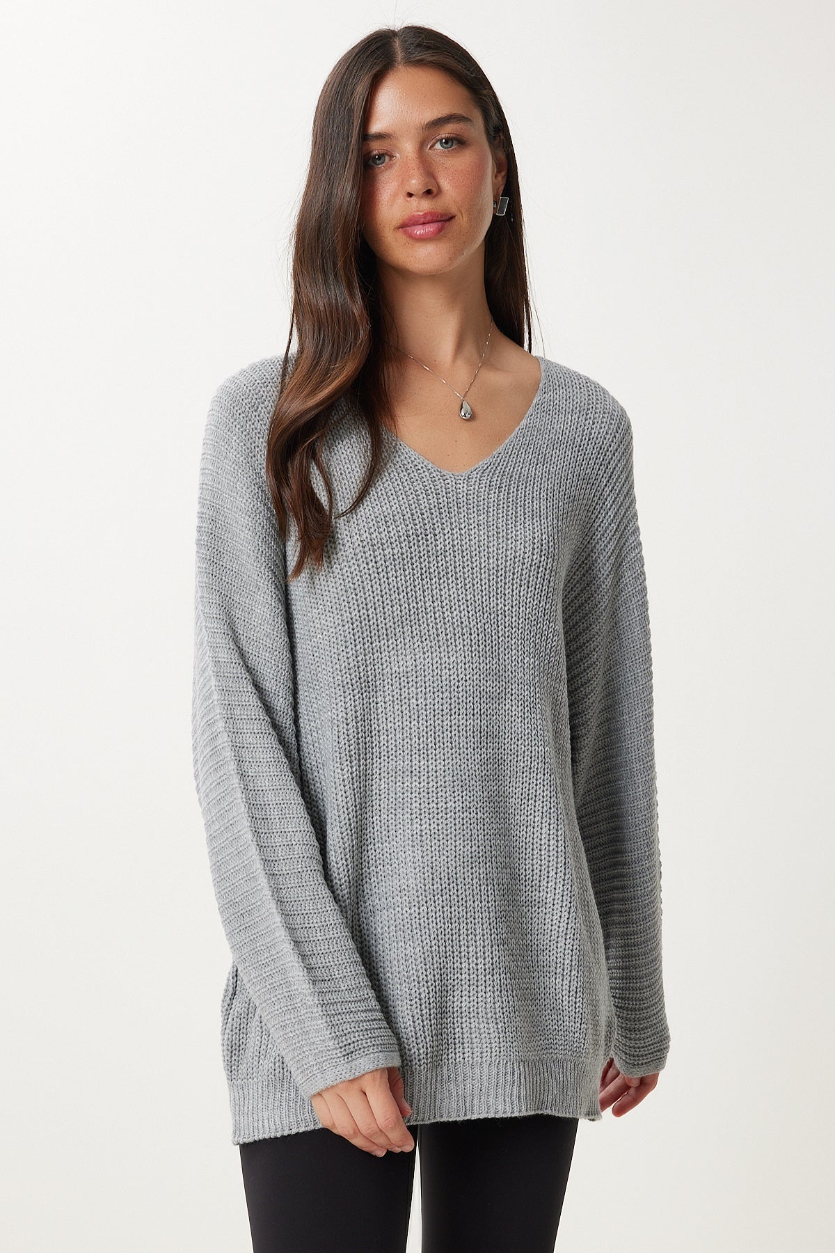 Gri V Yaka Selanik Örgü Oversize Triko Kazak ZA00059