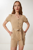 Bej Kemerli Mini Gabardin Tulum WF00112