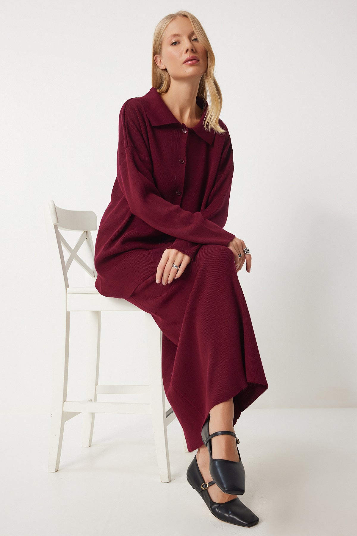Bordo Polo Yaka Triko Hırka Etek Takım PF00090